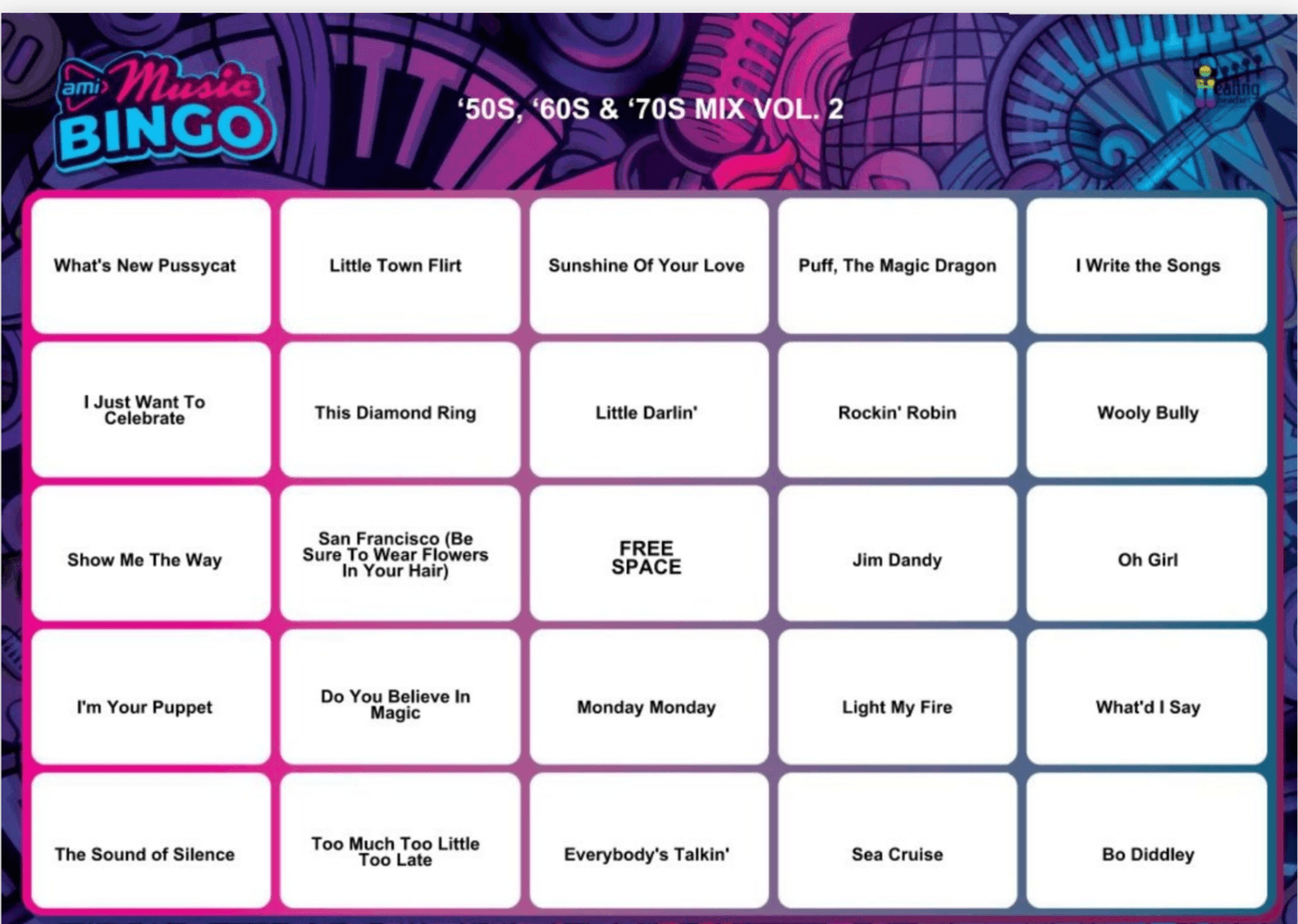 A Music Bingo Shebang card for a live hosted music game